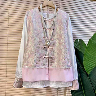 2026春季新款胖mm大码女装新中式复古国风盘扣提花马甲打底衫套装