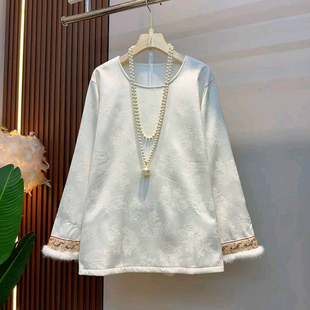 欧洲站气质国风提花加绒女人衫 口国风打底衫 大码 毛毛袖 潮 女装 爆款