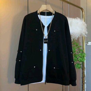 女装 长袖 时尚 新款 百搭V领上衣潮 重工订珠小香风外套秋季 欧货大码