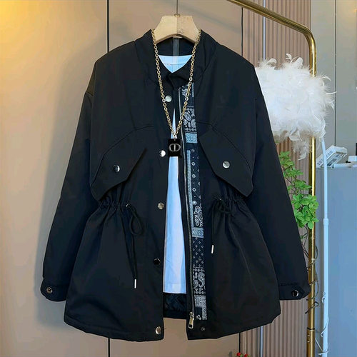 收腰抽绳补丁设计夹棉外套