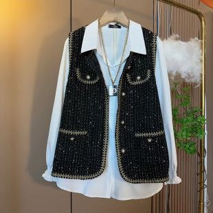 新款 胖MM百搭衬衫 欧货时尚 女装 潮 减龄小香风编织马甲大码 2025春季