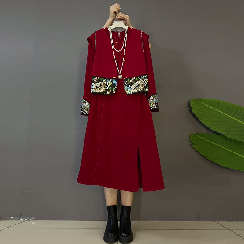 复古刺绣连衣裙马甲大码女装套装