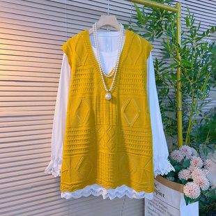 女装 中长款 春季 时尚 镂空针织背心搭拼接花边打底 2026新款 胖mm大码