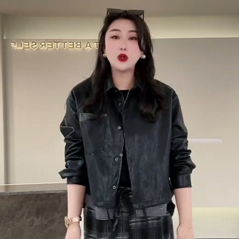 秋季大码女装拼接假两件皮衣外套