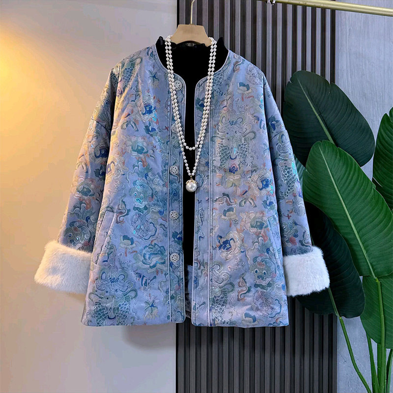 新中式轻奢拼毛袖复古图案国风气质夹棉外套新款胖妹妹大码女装潮,女装/女士精品,常规大码外套,淘宝优惠券,粉丝福利购,淘宝优惠卷