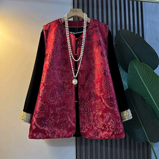 钉珠小衫 国风复古盘扣马甲胖妹妹新款 宽松马夹拼袖 女装 拜年服大码