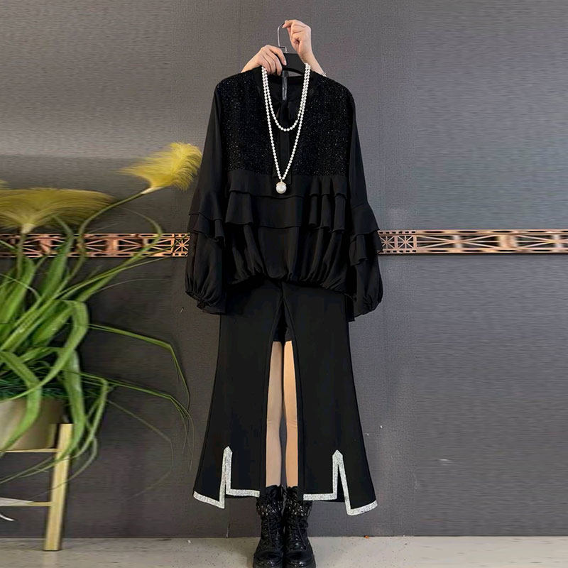 2026春季新款洋气减龄长袖衫大码女装胖mm松紧腰不等式亮钻裤子女,女装/女士精品,大码内搭,淘宝优惠券,粉丝福利购,淘宝优惠卷
