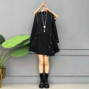 女装 冬季 轻奢优雅气质蕾丝连衣裙搭配马甲大码 胖MM复古新中式 新款