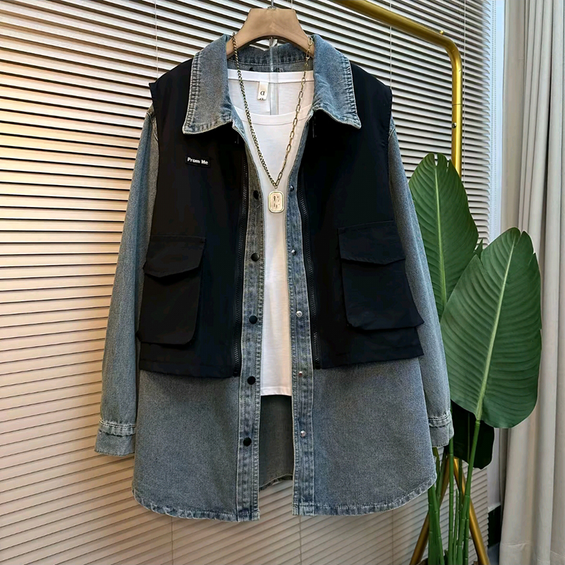 2025春季新款大码女装胖MM欧货时尚拼接假两件设计感牛仔衬衫外套