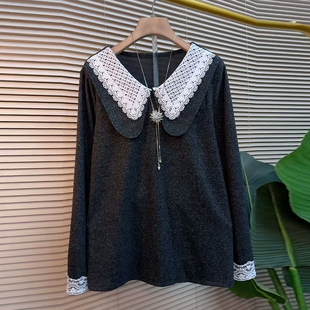 气质女人衫 蕾丝拼接娃娃领小衫 女装 上衣减龄大码 胖MM显瘦纽扣开衫