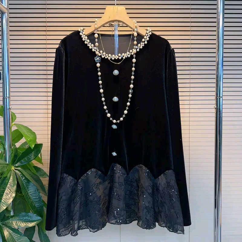 轻奢风大码女装长袖钉珠上衣胖mm显瘦蕾丝拼接丝绒衫新款百搭小衫,女装/女士精品,大码内搭,淘宝优惠券,粉丝福利购,淘宝优惠卷