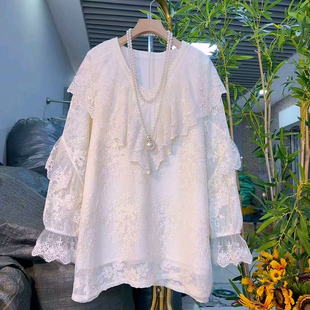 女装 加衬蕾丝衫 荷叶领小衫 2025新款 胖MM显瘦刺绣花朵衬衫 遮肉大码