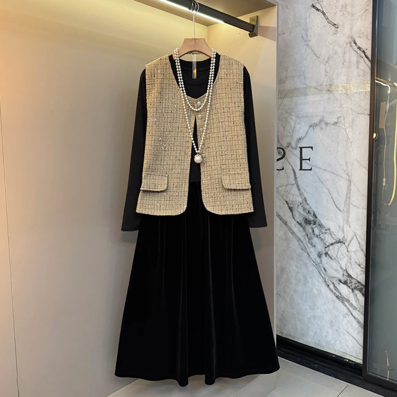 小香风马甲丝绒打底裙套装