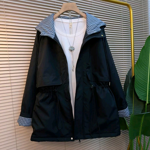 爆款 韩版 大码 欧货时尚 拼格连帽收腰风衣加棉冲锋衣外套 女装 秋冬季