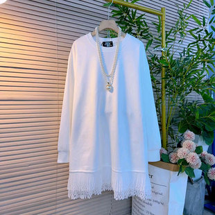 设计感拼接蕾丝花边遮肉大衫 纯色简约大码 中长款 甜美上衣秋季 女装