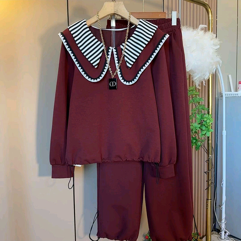 早春新款设计感双层娃娃领抽绳上衣裤子休闲套装胖妹妹大码女装潮,女装/女士精品,大码套装,淘宝优惠券,粉丝福利购,淘宝优惠卷