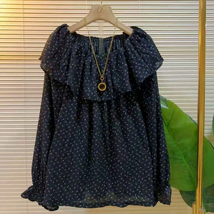 温柔风荷叶边一字领小衫胖mm显瘦长袖波点上衣大码女装气质女人衫