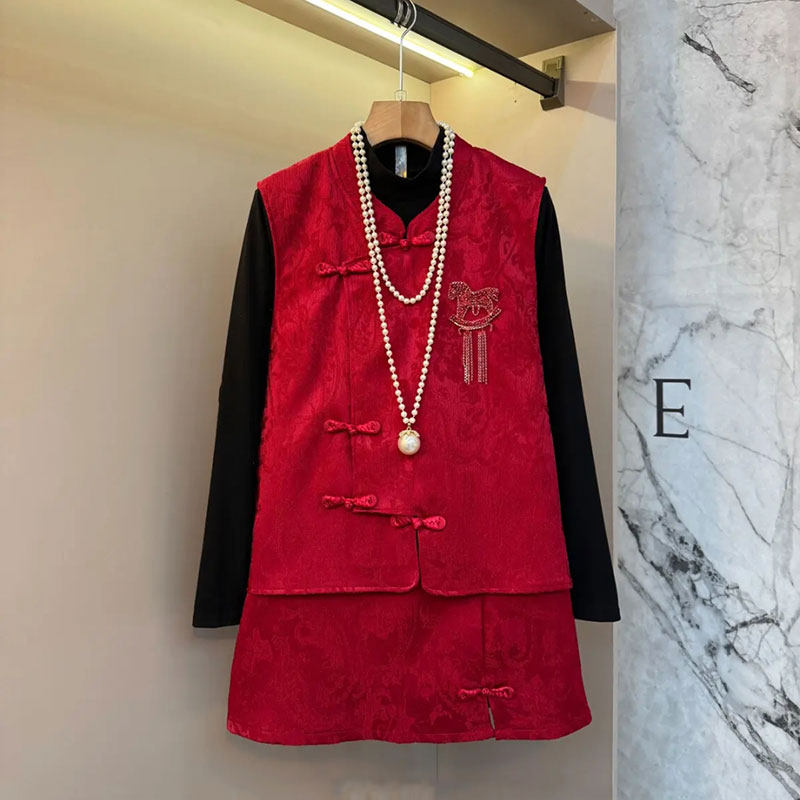 2026春季新款大码女装新中式国风盘扣提花时尚马甲打底衫短裙套装,女装/女士精品,大码套装,淘宝优惠券,粉丝福利购,淘宝优惠卷