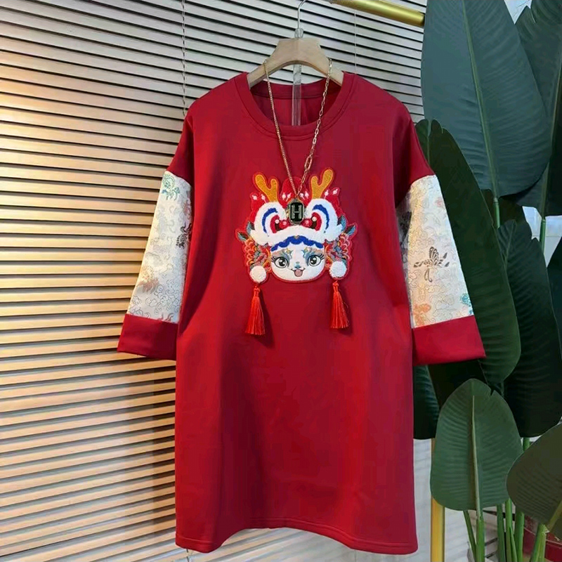 复古大码女装卡通拼接流苏上衣