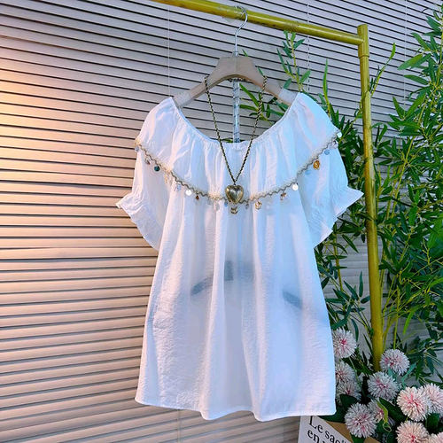 甜美风荷叶领可一字肩洋气小衫新