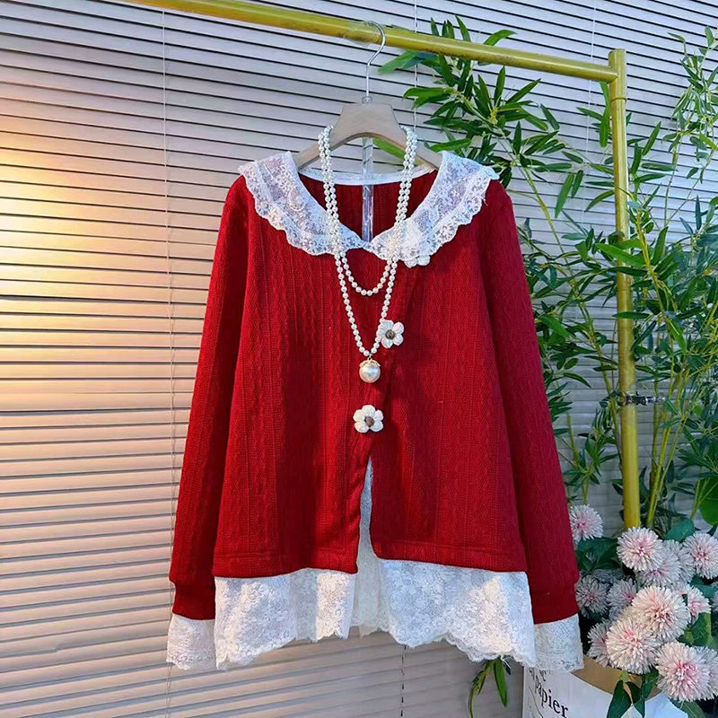 针织假两件设计感花朵减龄长袖衫