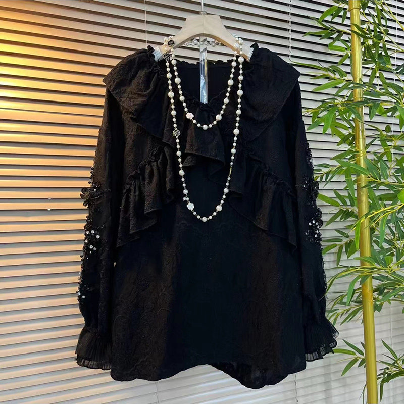 胖MM气质V领木耳边拼接打底衫