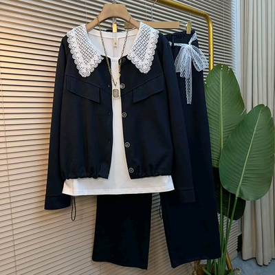 时尚蕾丝娃娃领外套阔腿裤套装新