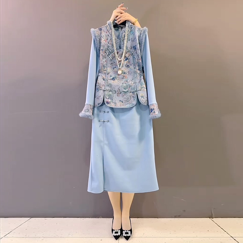 新中式复古提花盘扣马甲半裙套装