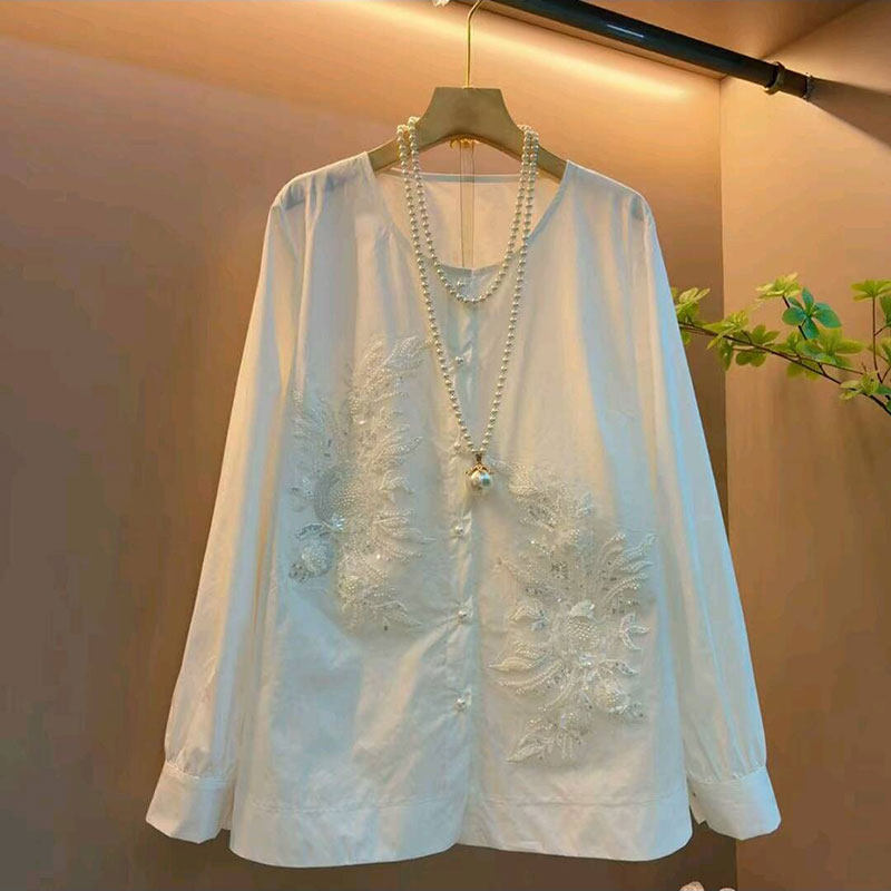2026春季新款欧货复古刺绣钉珠花朵长袖衬衫大码女装设计感上衣女,女装/女士精品,大码内搭,淘宝优惠券,粉丝福利购,淘宝优惠卷