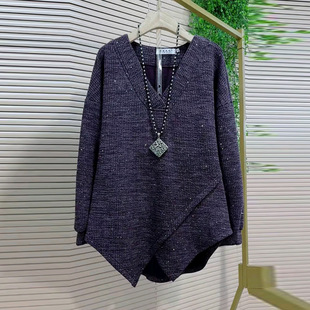大衫 简约时尚 新款 女装 百搭遮肉显瘦上衣 大码 胖妹妹不规则亮闪长袖