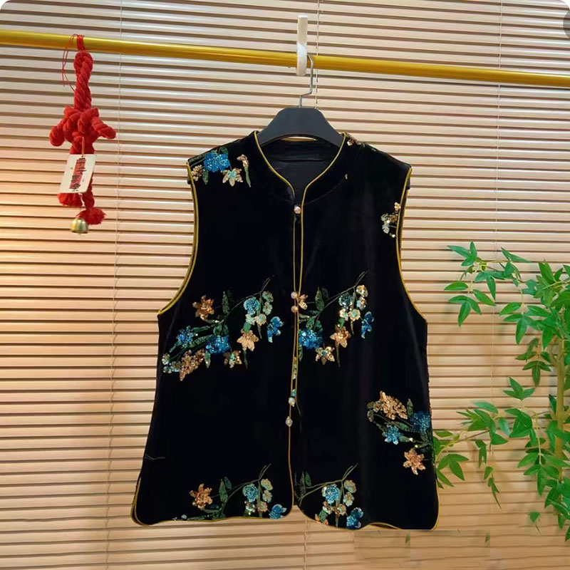 重工刺绣亮片马甲大码女装2025秋