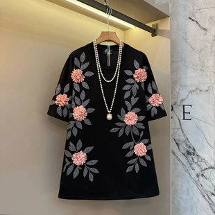 烫钻立体花朵T恤上衣大码 时尚 女装 胖mm设计感半袖 2026新款 衫 韩版