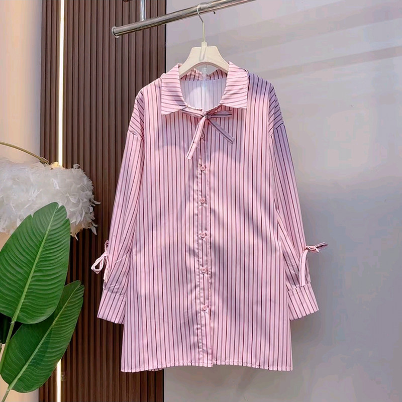 胖妹妹大码女装春季2026新款时尚气质减龄蝴蝶结条纹翻领韩版衬衫,女装/女士精品,大码内搭,淘宝优惠券,粉丝福利购,淘宝优惠卷