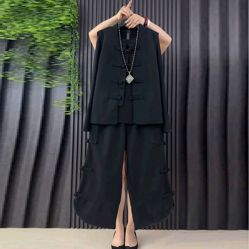 国风大码女装盘扣马甲九分裤打底