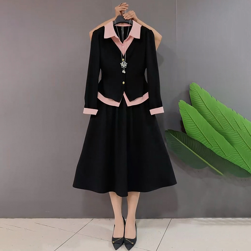 假两件上衣松紧腰大摆半身裙套装