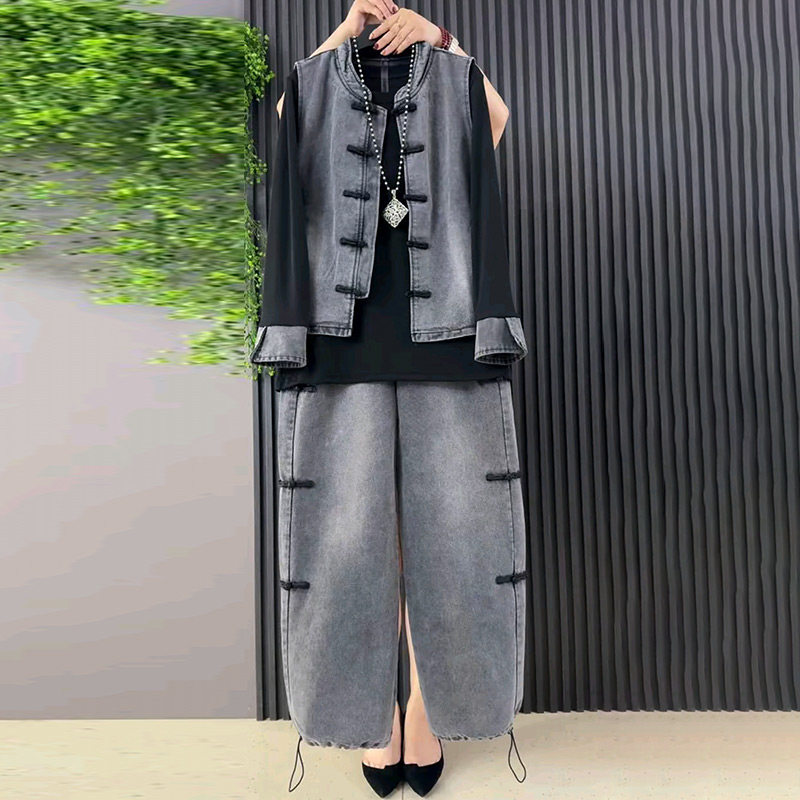 国潮盘扣牛仔马甲休闲裤拼袖内搭套装大码女装胖mm休闲国风三件套,女装/女士精品,大码套装,淘宝优惠券,粉丝福利购,淘宝优惠卷