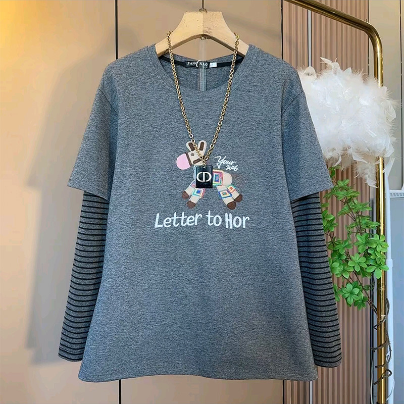 小马拼条纹长袖假两件上衣