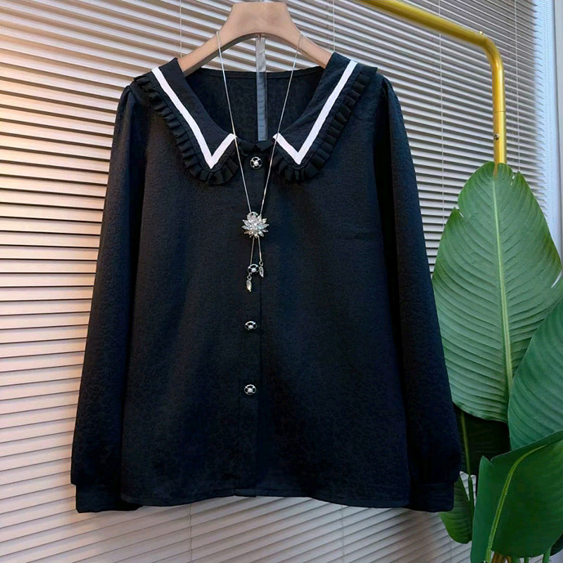 欧货简约撞色拼条花边娃娃领衬衫新款胖妹妹大码女装百搭显瘦上衣,女装/女士精品,大码内搭,淘宝优惠券,粉丝福利购,淘宝优惠卷