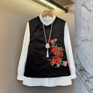 刺绣花卉马甲两件套2025新款 套装 木耳边领打底衫 女装 潮 大码 新中式
