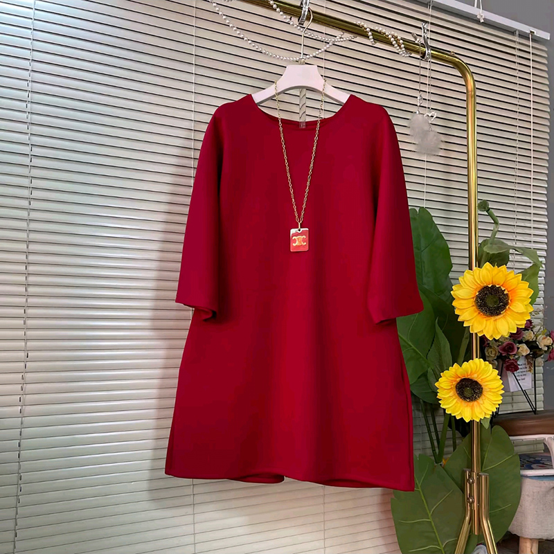 复古中长款五分袖蝴蝶结T恤大衫