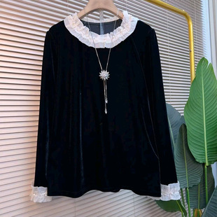 女装 欧货钉珠木耳花边拼接长袖 胖妹妹大码 新款 气质百搭上衣 衫