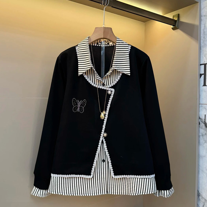 亮钻蝴蝶拼接条纹衬衫