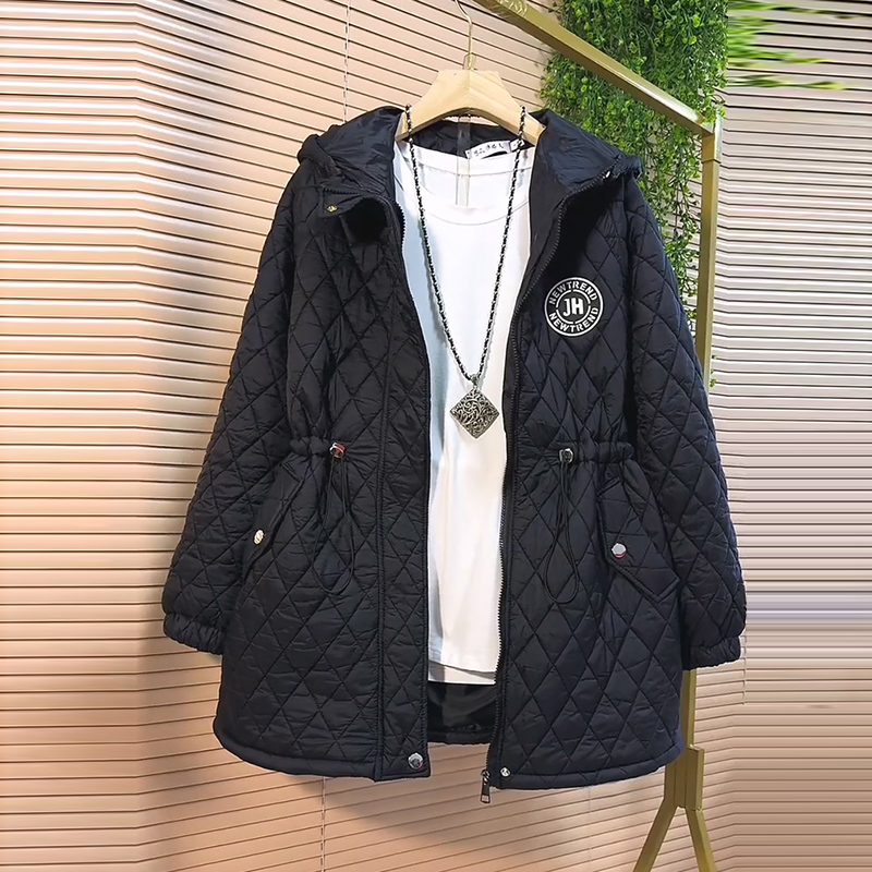 时尚休闲抽绳凌格连帽棉服外套新