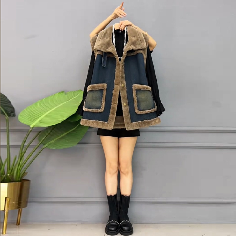 牛仔拼接翻领时髦保暖马甲打底