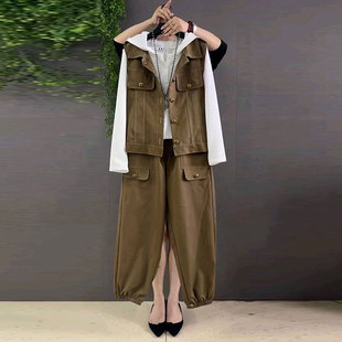 2026春季新款胖mm大码女装欧货时尚减龄明线马甲打底帽衫裤子套装