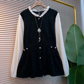 新款 女装 欧货时尚 大码 串珠收腰上衣女 木耳边领假两件小衫 2026春季