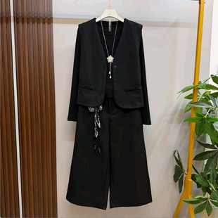 大码 女装 时尚 欧货秋季 休闲裤 高级感套装 洋气马甲打底衫 三件套 新款