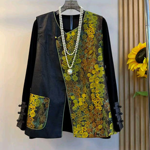 百搭休闲显瘦国风拼接提花马甲打底衫 胖妹妹2025秋季 女装 大码 新款