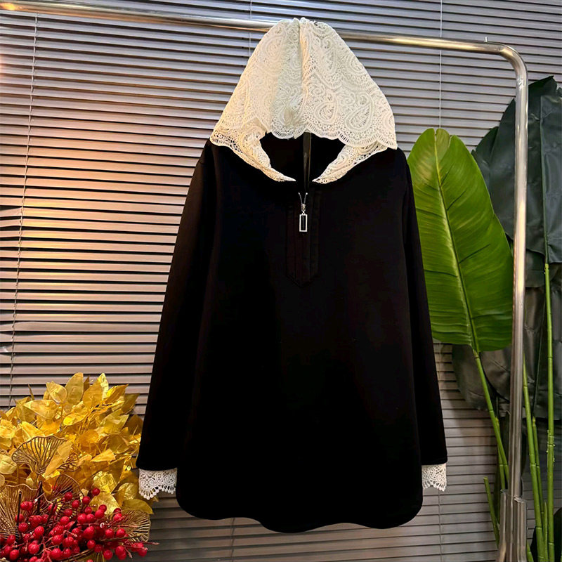 胖妹妹中长款蕾丝连帽拼接卫衣大衫2025新款大码女装休闲百搭上衣,女装/女士精品,大码内搭,淘宝优惠券,粉丝福利购,淘宝优惠卷
