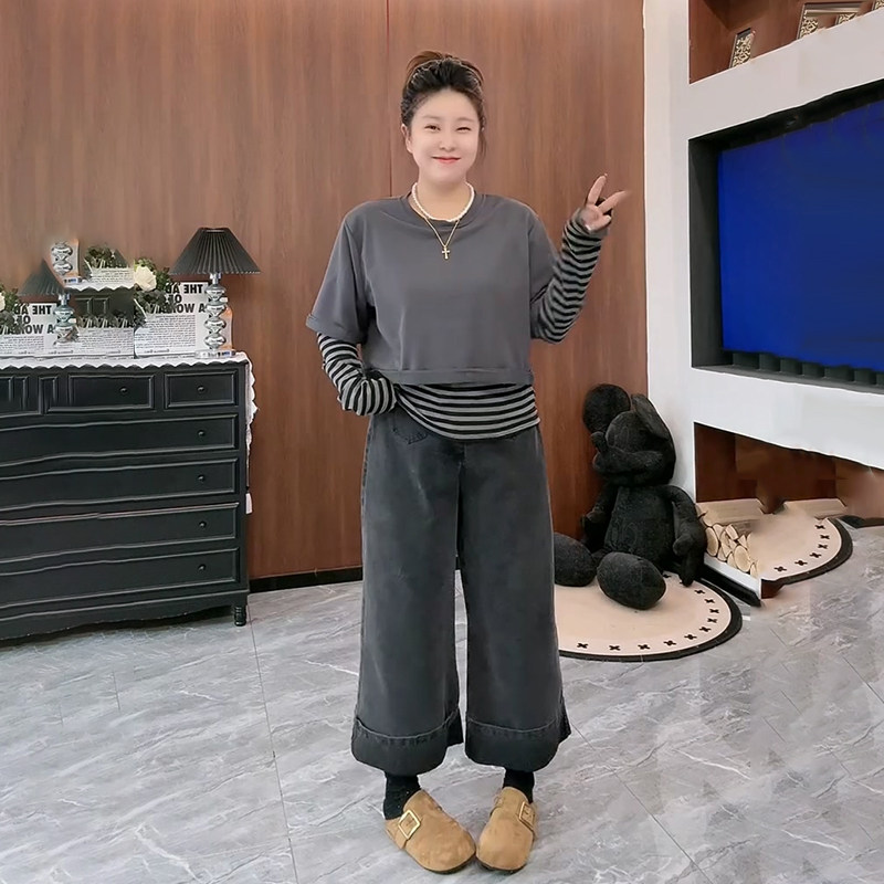 胖mm大码女装春季新款时尚圆领条纹拼接假两件宽松遮肉上衣牛仔裤,女装/女士精品,大码内搭,淘宝优惠券,粉丝福利购,淘宝优惠卷